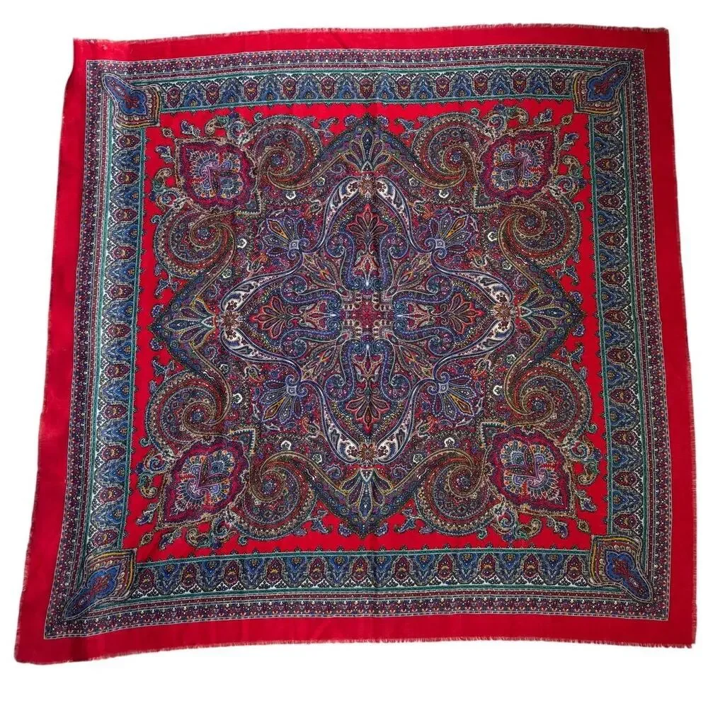 Vintage Specialty House Pure Wool Paisley Red Square Scarf Wrap Made in Italy
